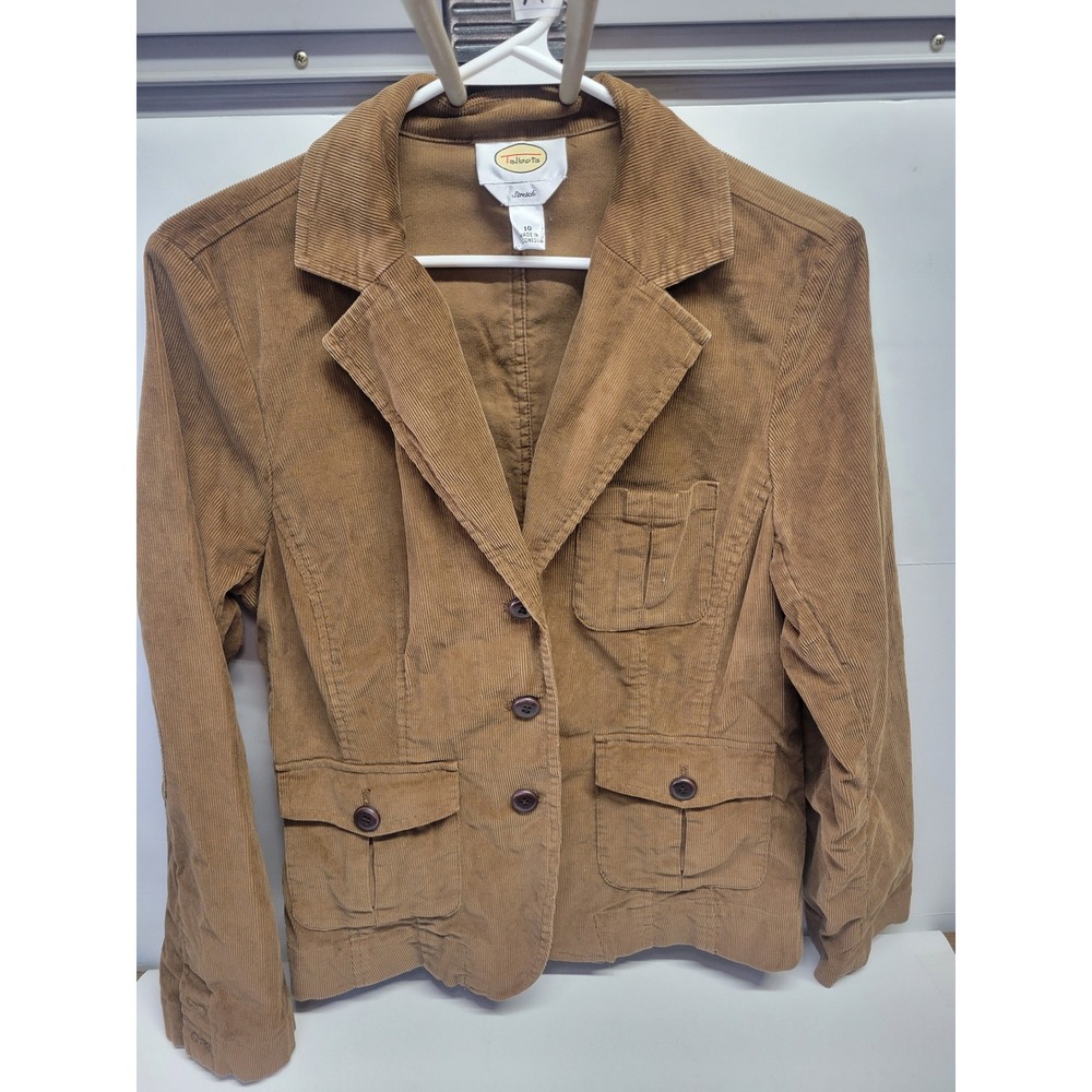 Talbots Stretch Corduroy Blazer Jacket Brown Size 10 Button Front Elbow Patches